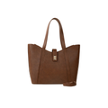 Brown Faux Leather Tote Bag with Clasp Closure and Pockets