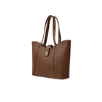 Brown Faux Leather Tote Bag with Clasp Closure and Pockets