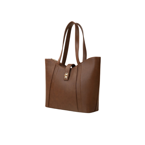 Brown Faux Leather Tote Bag with Clasp Closure and Pockets