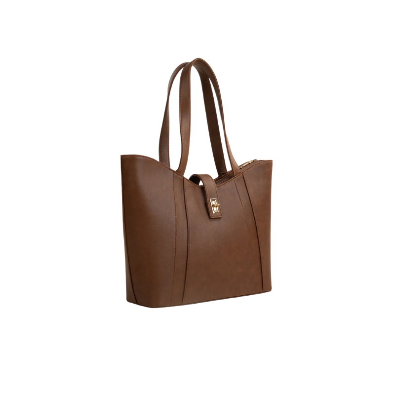 Brown Faux Leather Tote Bag with Clasp Closure and Pockets