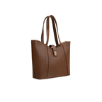 Brown Faux Leather Tote Bag with Clasp Closure and Pockets