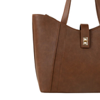 Brown Faux Leather Tote Bag with Clasp Closure and Pockets