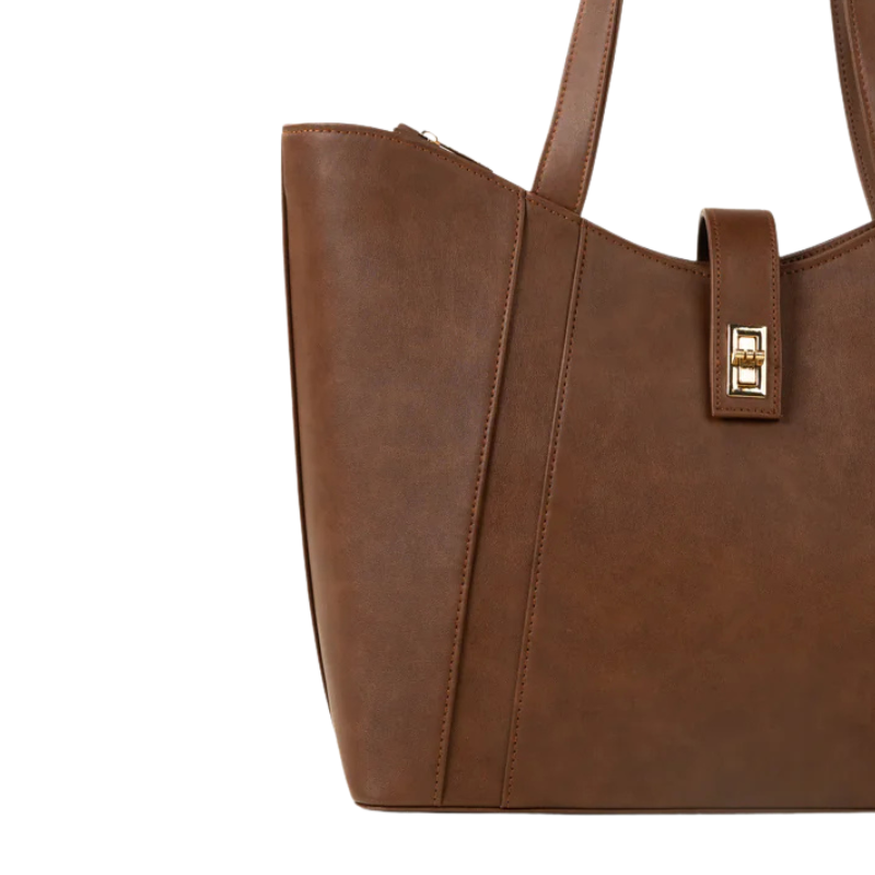 Brown Faux Leather Tote Bag with Clasp Closure and Pockets