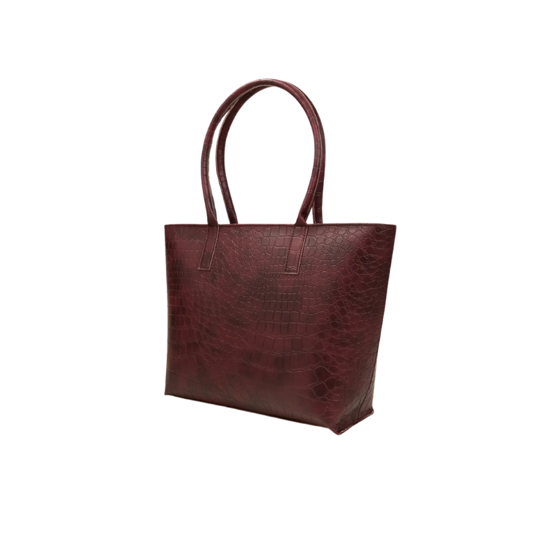 Burgundy Croc Texture Tote Bag with Zipper Closure