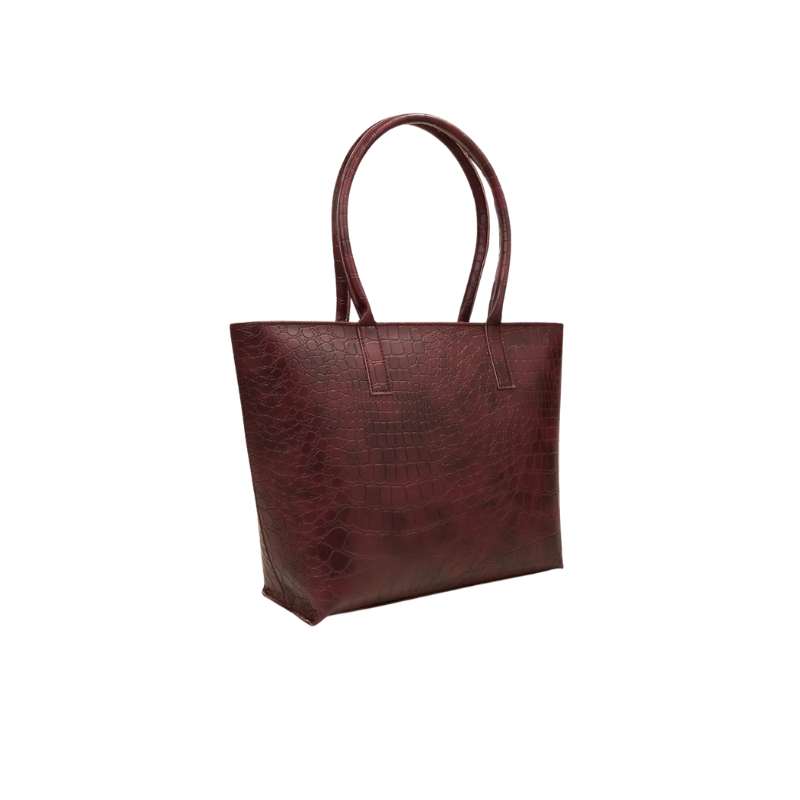 Burgundy Croc Texture Tote Bag with Zipper Closure