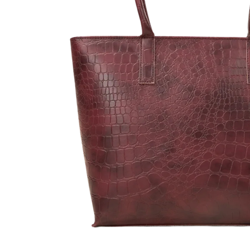 Burgundy Croc Texture Tote Bag with Zipper Closure
