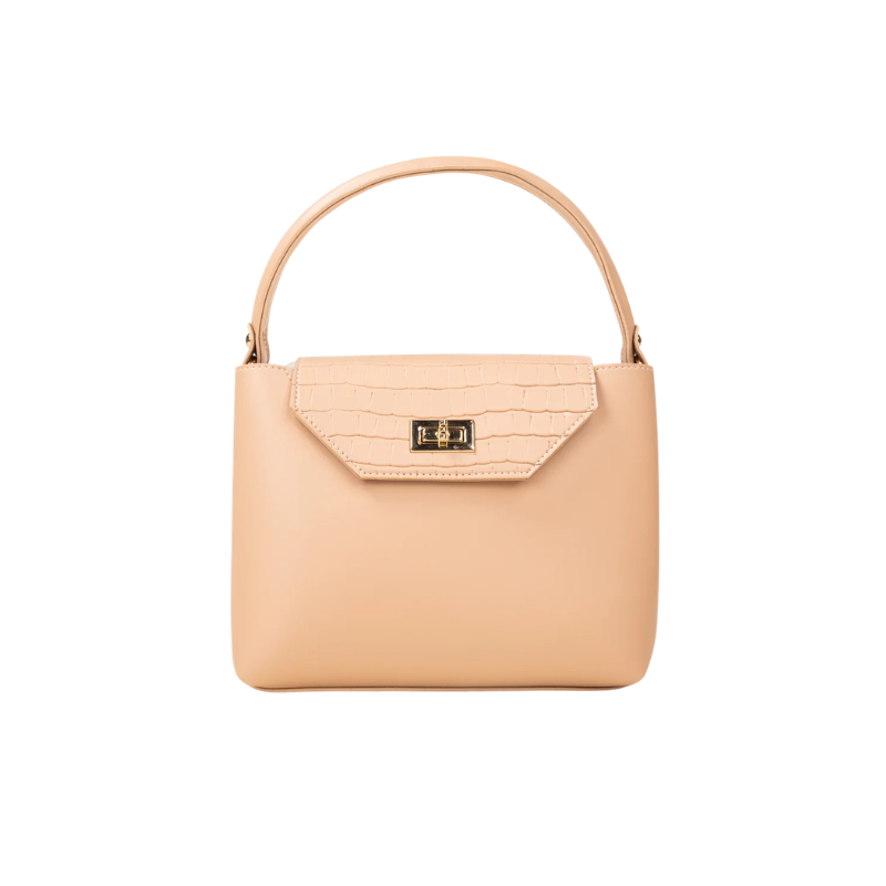 Peach Croc Texture Handbag with Turn Lock Closure