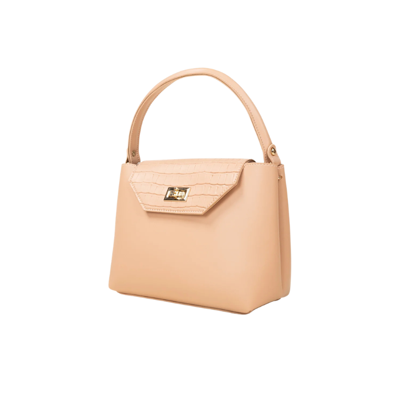 Peach Croc Texture Handbag with Turn Lock Closure