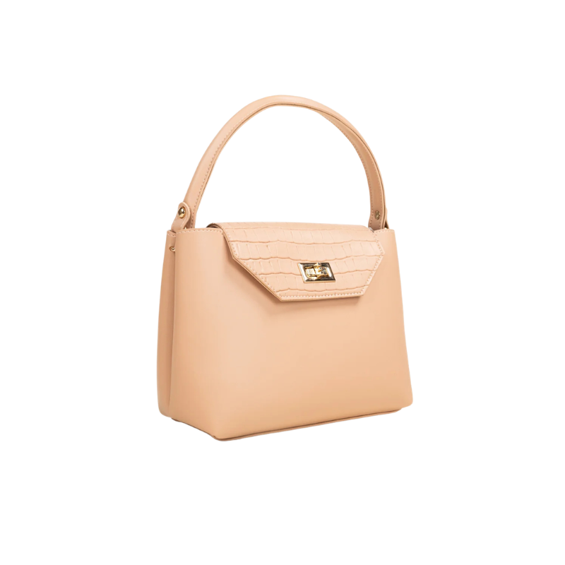 Peach Croc Texture Handbag with Turn Lock Closure