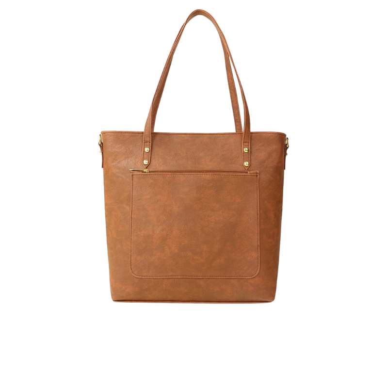 Tan Textured Tote Bag with Zipper Closure and Pockets