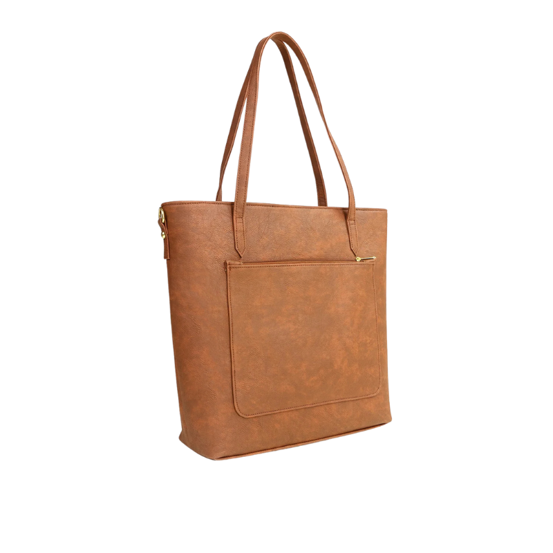 Tan Textured Tote Bag with Zipper Closure and Pockets