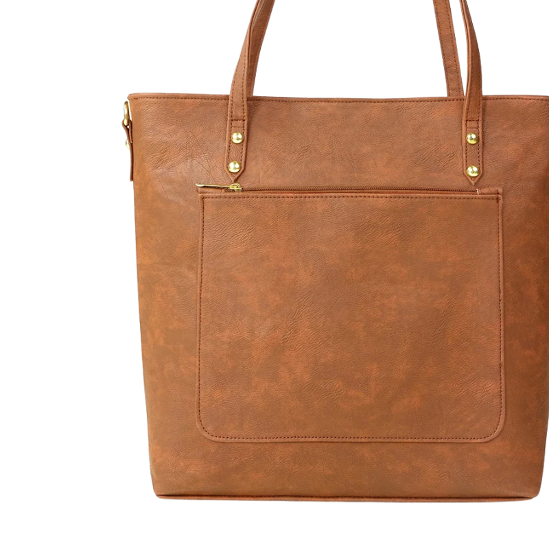 Tan Textured Tote Bag with Zipper Closure and Pockets